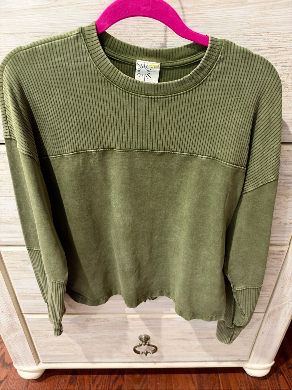 aerie Olive Ribbed Yoke Crewneck Sweatshirt